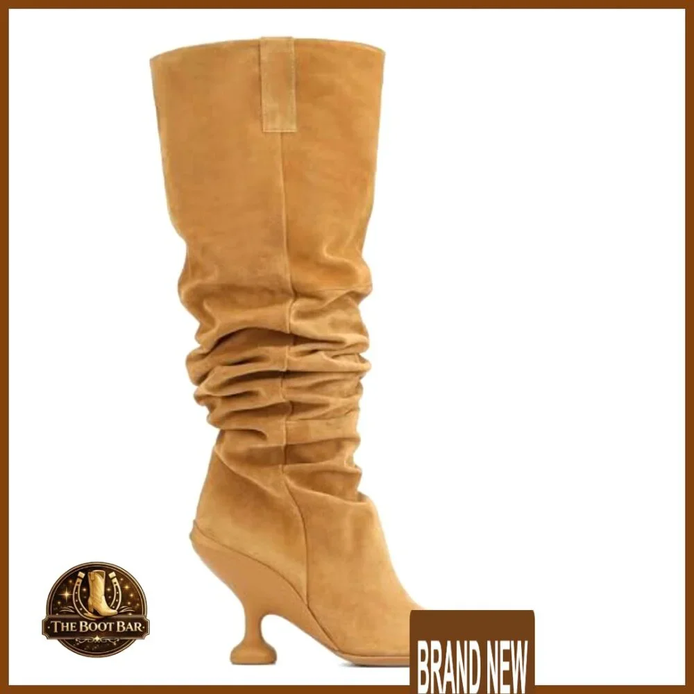 Kitten Heel Knee High Boots Open Peep Toe Wide Calf Slouchy Fashion Boots - Picture 5 of 6